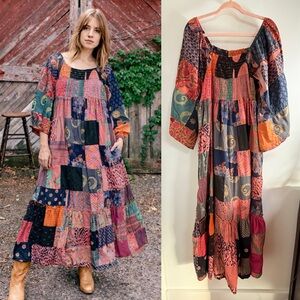EARTHBOUND Patchwork Maxi Dress in Navy, Rust, Pink, Green